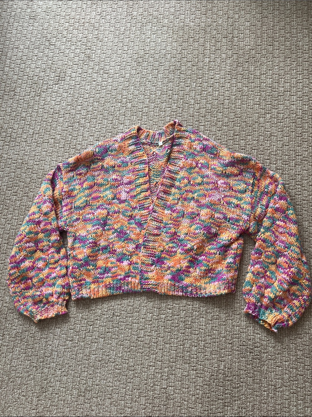 Cropped Multicolor V-Neck Knit Cardigan - Pink/Orange/Blue